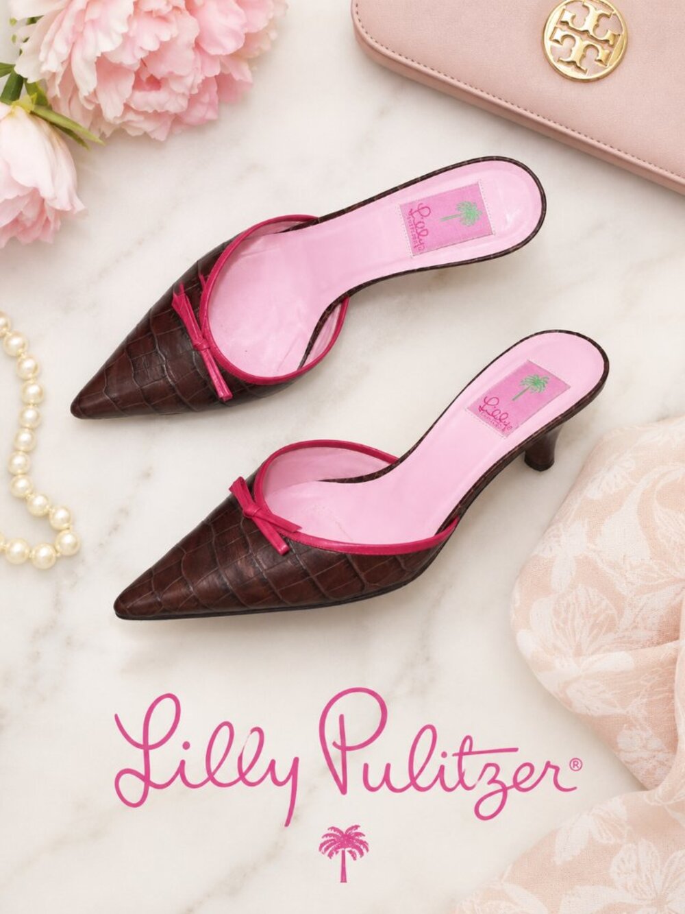 Lilly Pulitzer Louise Croc Kitten Heels Size 9 Brown Pink Pointed Toe Mules